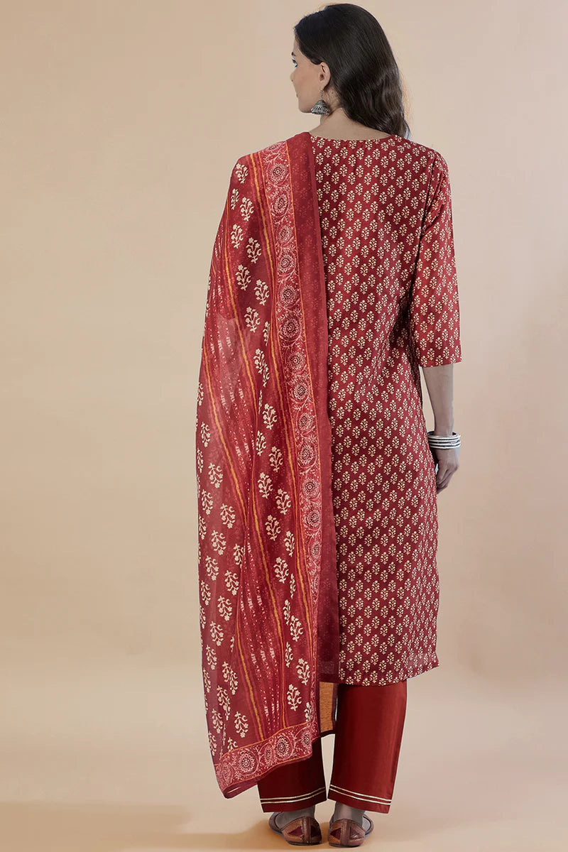 HERITAGE INDIA - MAROON STRAIGHT FIT CHANDERI KURTA SET (WITH PANT AND DUPATTA)