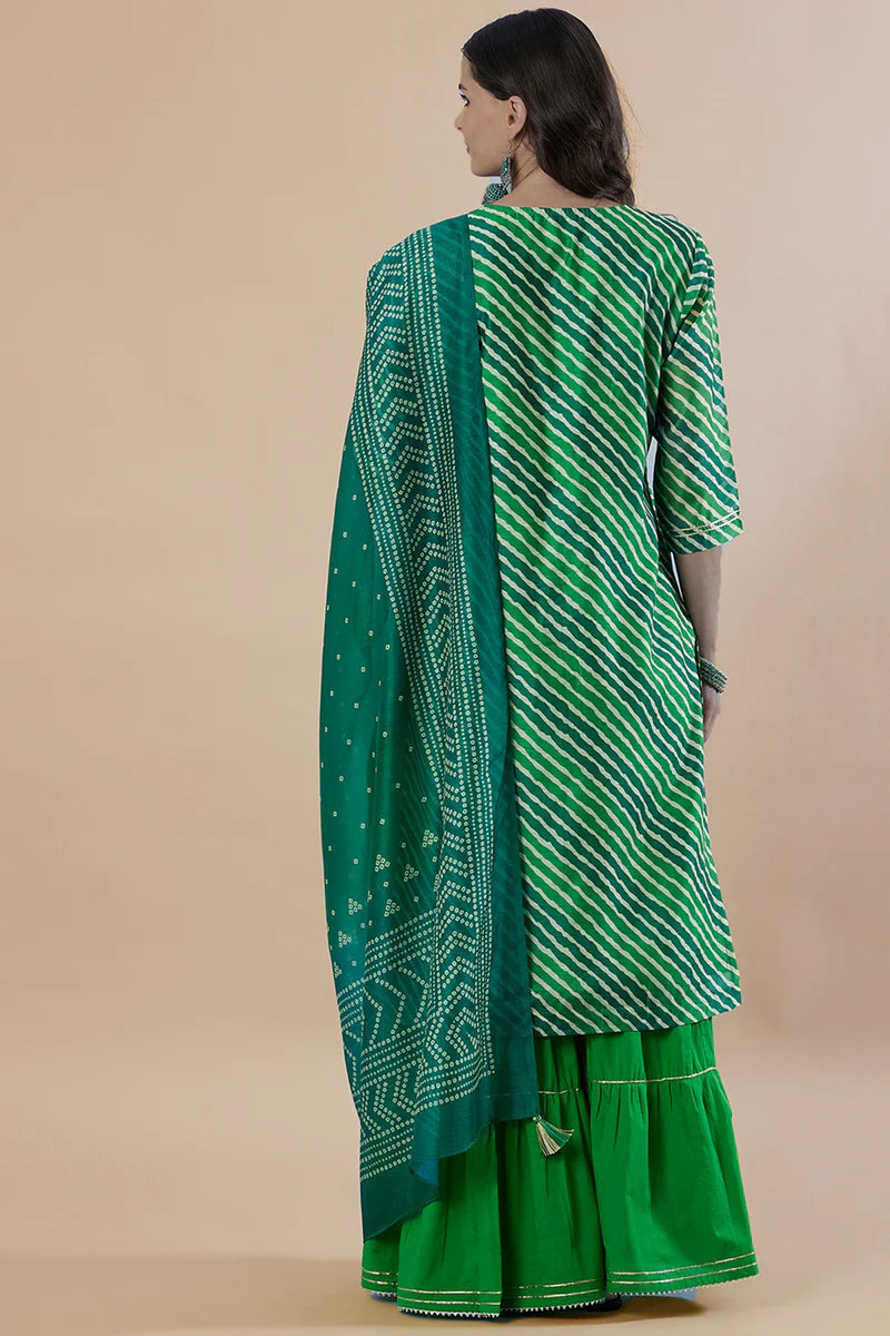 HERITAGE INDIA - GREEN STRAIGHT FIT CHANDERI KURTA SET (WITH SHARARA AND DUPATTA)