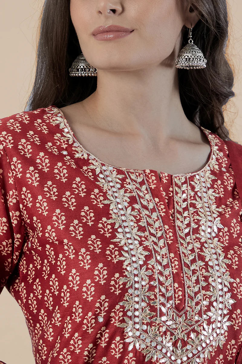 HERITAGE INDIA - MAROON STRAIGHT FIT CHANDERI KURTA SET (WITH PANT AND DUPATTA)