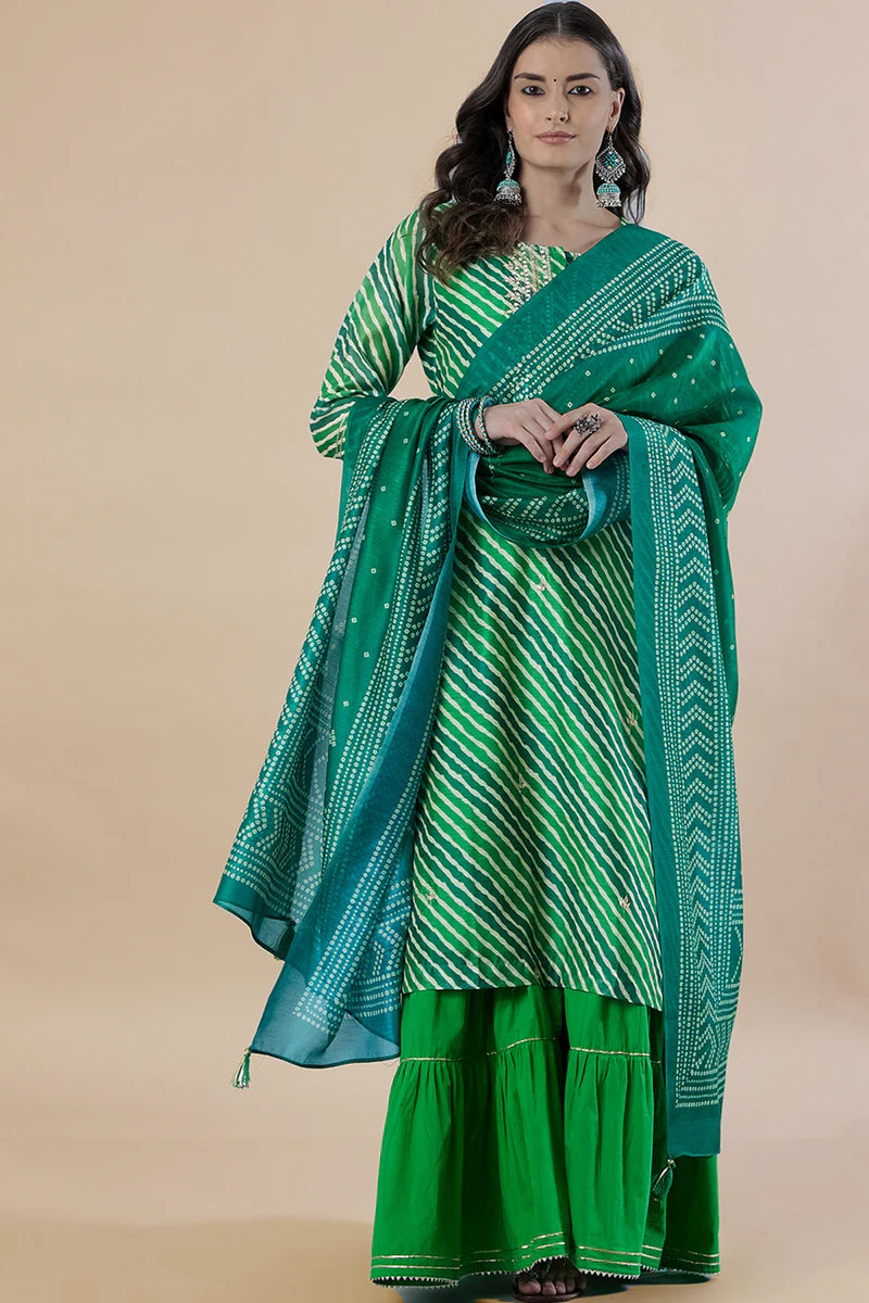 HERITAGE INDIA - GREEN STRAIGHT FIT CHANDERI KURTA SET (WITH SHARARA AND DUPATTA)