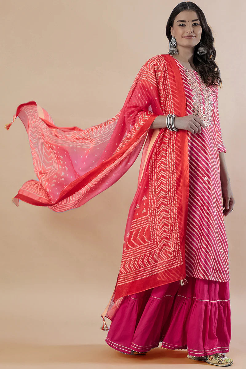 HERITAGE INDIA - PINK STRAIGHT FIT CHANDERI KURTA SET (WITH SHARARA AND DUPATTA)