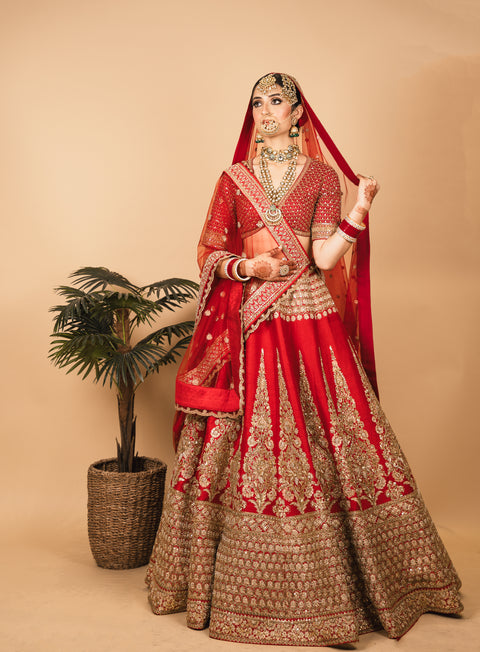 Red Raw Silk Embroidered Lehenga Set For Women