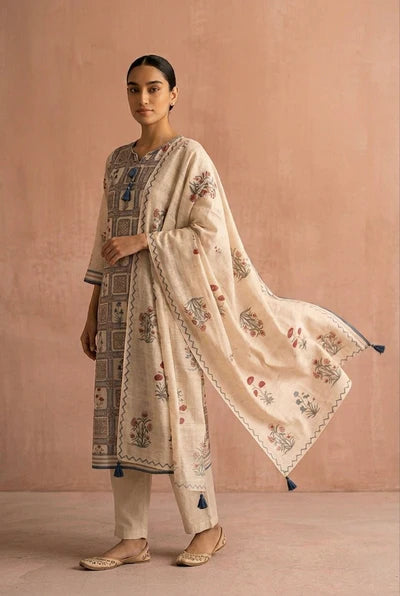 HERITAGE INDIA OFFICIAL - Warm Ivory Chanderi Printed Suit Set