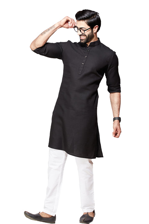 Classic Plain Cotton Kurta In Black