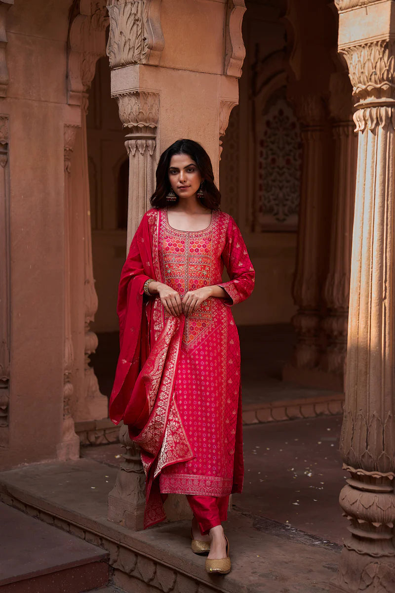HERITAGE INDIA - PINK DOLA JACQUARD SUIT SET (WITH PANTS AND DUPATTA)