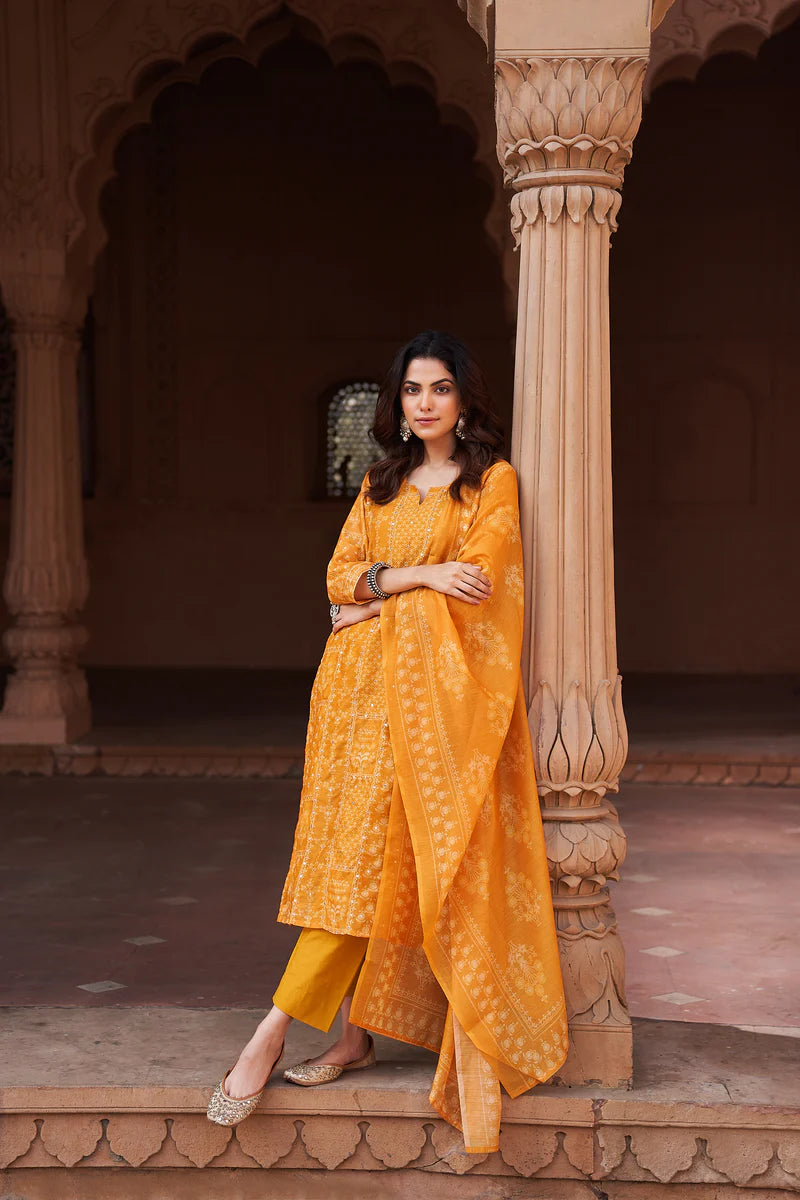 HERITAGE INDIA - MUSTARD CHANDERI SUIT SET (WITH PANTS AND DUPATTA)
