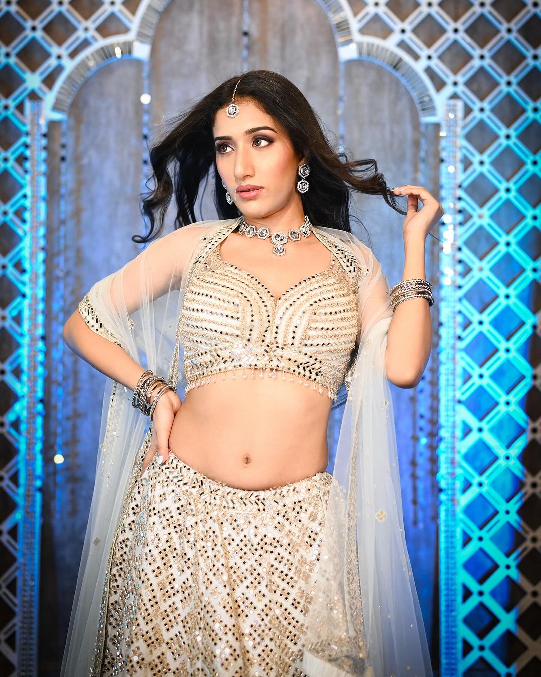 Sky Blue Blouse And Lehenga: Raw Silk & Dupatta: Net Set For Women