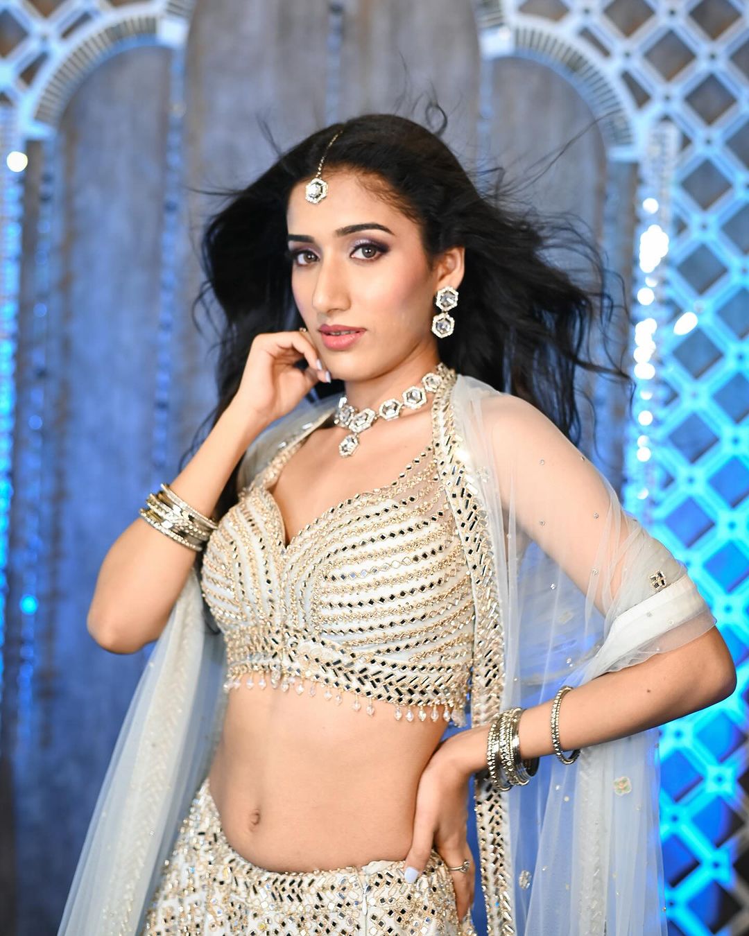 Sky Blue Blouse And Lehenga: Raw Silk & Dupatta: Net Set For Women