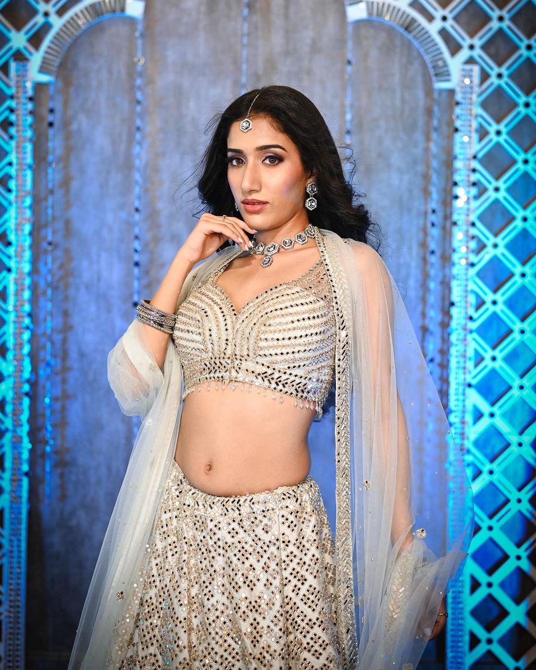Sky Blue Blouse And Lehenga: Raw Silk & Dupatta: Net Set For Women