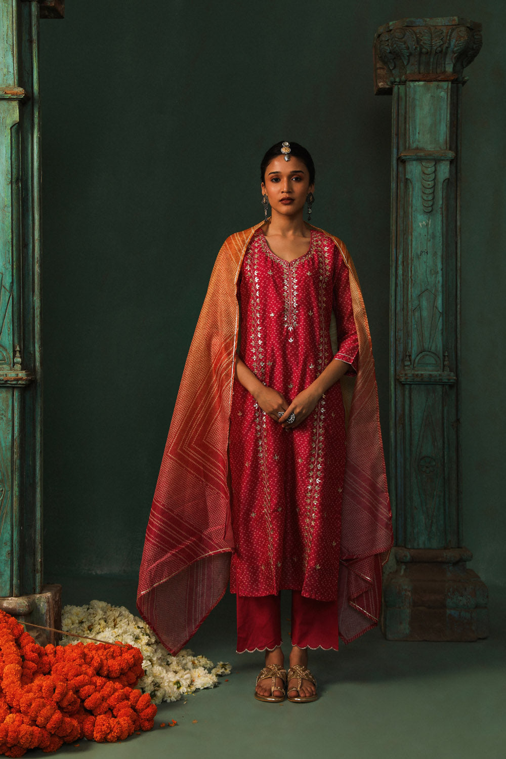 BRIGHT PINK BANDHANI CHANDERI SUIT SET (WITH PANTS AND DUPATTA)