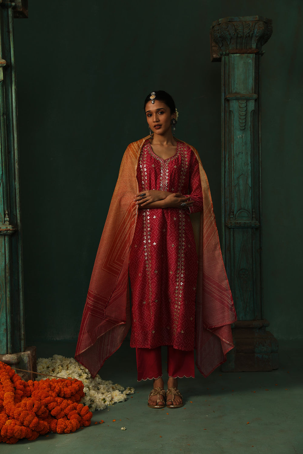 BRIGHT PINK BANDHANI CHANDERI SUIT SET (WITH PANTS AND DUPATTA)