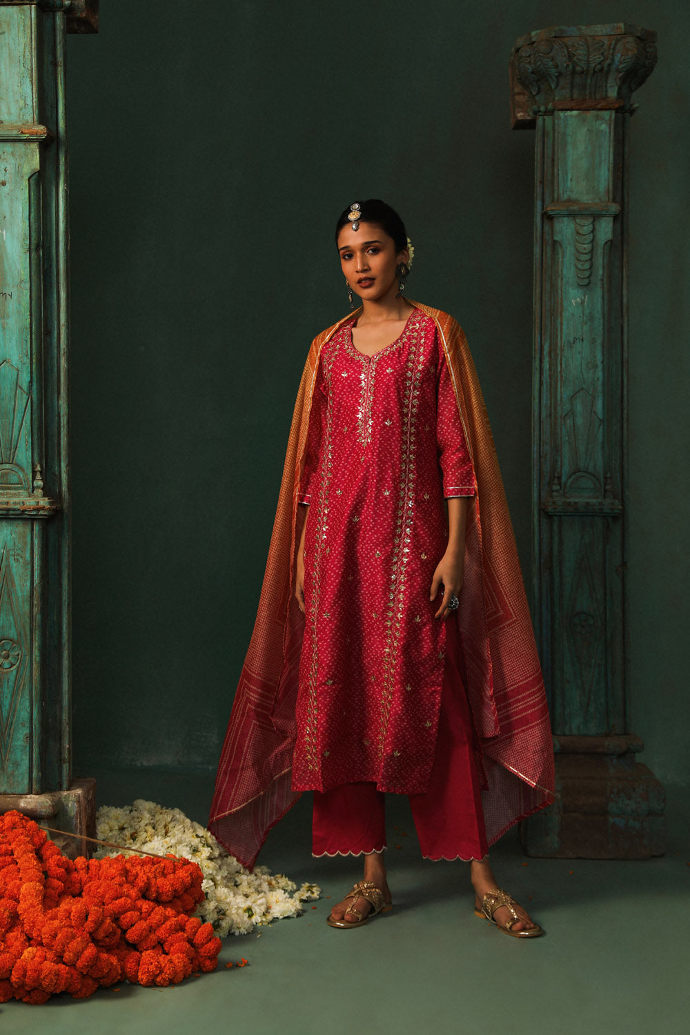 BRIGHT PINK BANDHANI CHANDERI SUIT SET (WITH PANTS AND DUPATTA)
