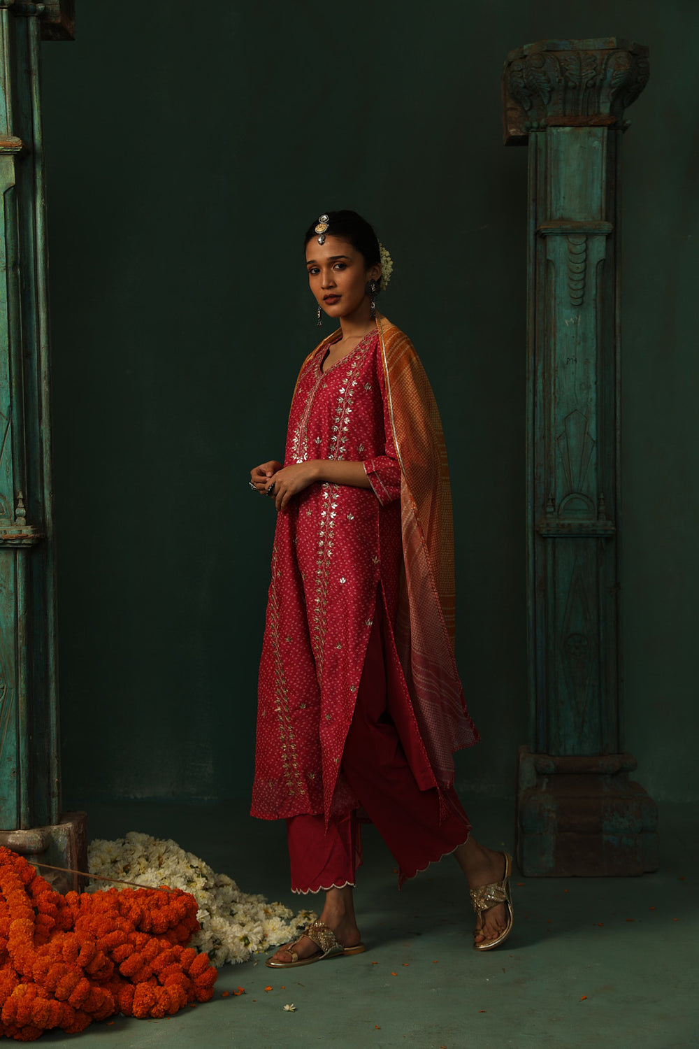 BRIGHT PINK BANDHANI CHANDERI SUIT SET (WITH PANTS AND DUPATTA)