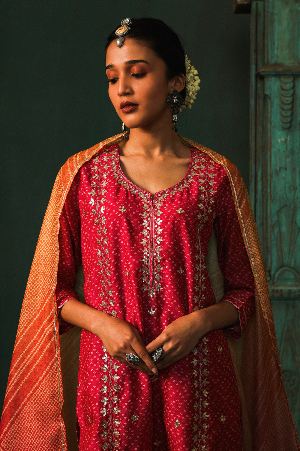 BRIGHT PINK BANDHANI CHANDERI SUIT SET (WITH PANTS AND DUPATTA)