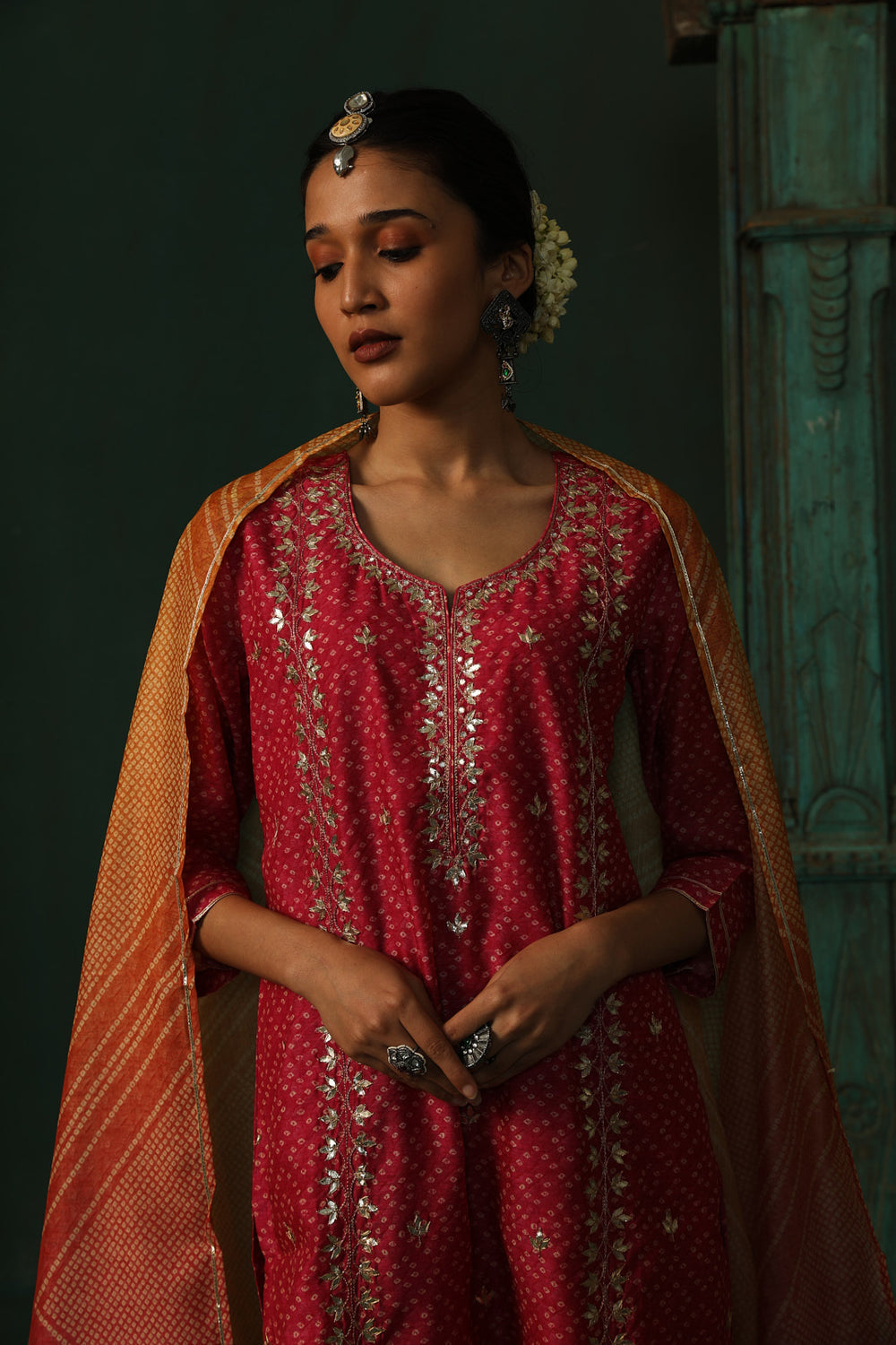 BRIGHT PINK BANDHANI CHANDERI SUIT SET (WITH PANTS AND DUPATTA)