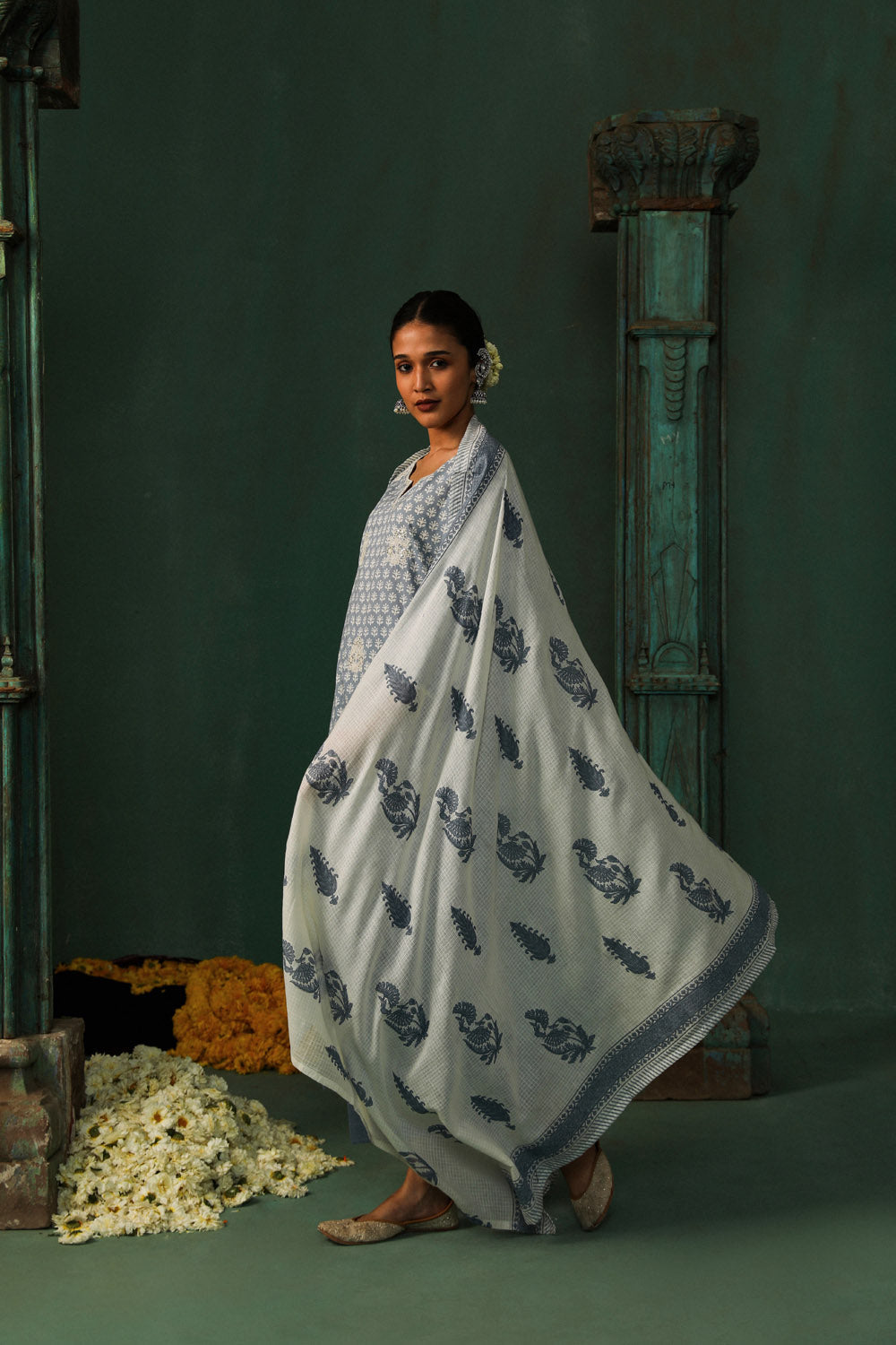 SEA BLUE COTTON STRAIGHT FIT SUIT SET (WITH PANTS AND DUPATTA)