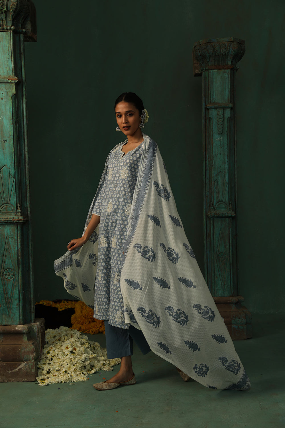 SEA BLUE COTTON STRAIGHT FIT SUIT SET (WITH PANTS AND DUPATTA)