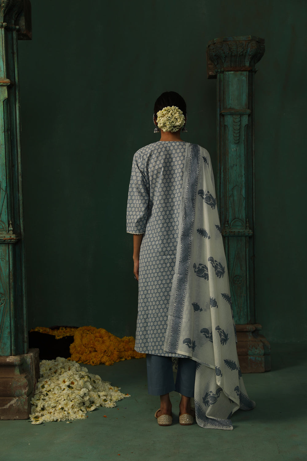 SEA BLUE COTTON STRAIGHT FIT SUIT SET (WITH PANTS AND DUPATTA)