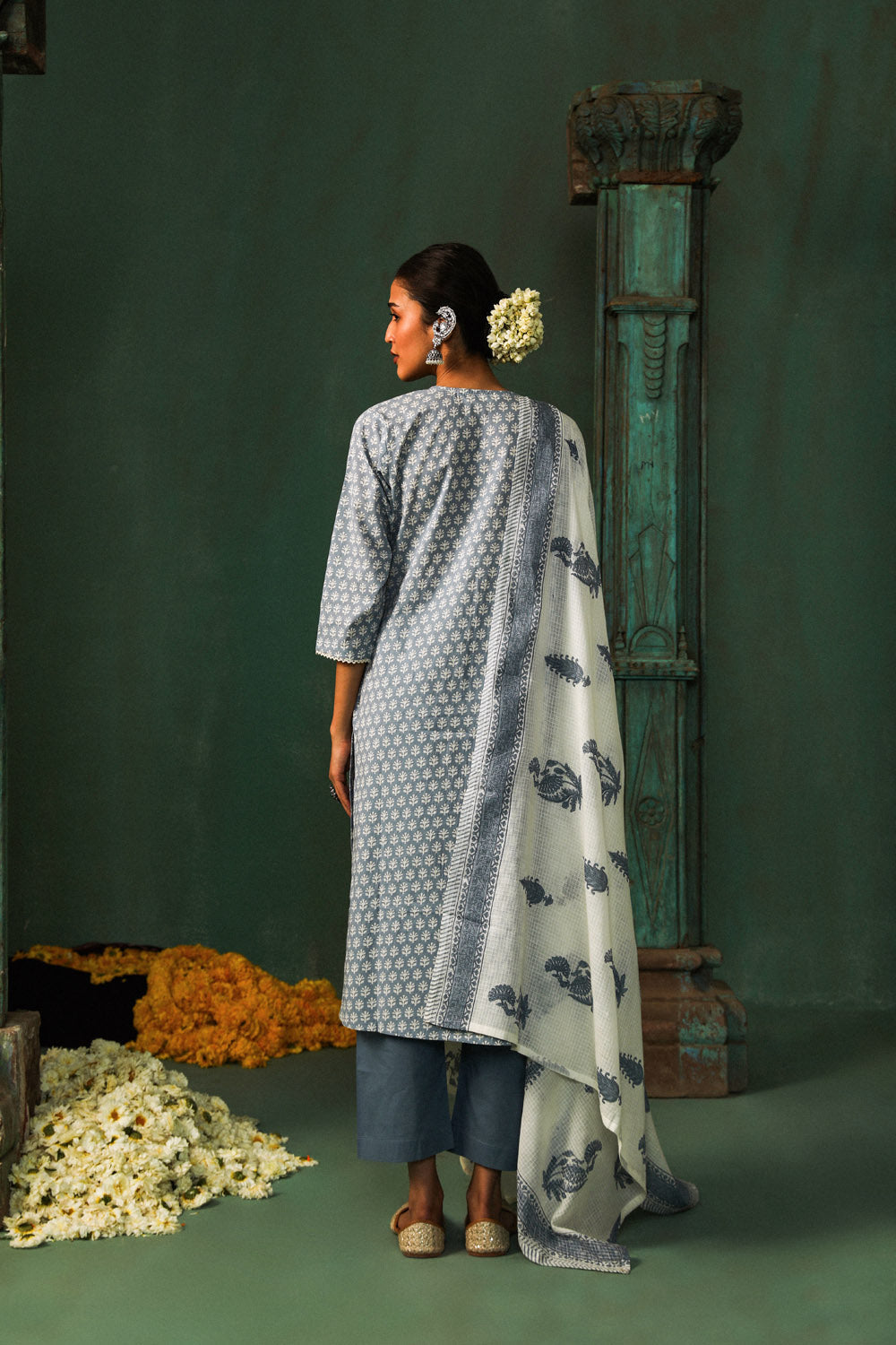 SEA BLUE COTTON STRAIGHT FIT SUIT SET (WITH PANTS AND DUPATTA)