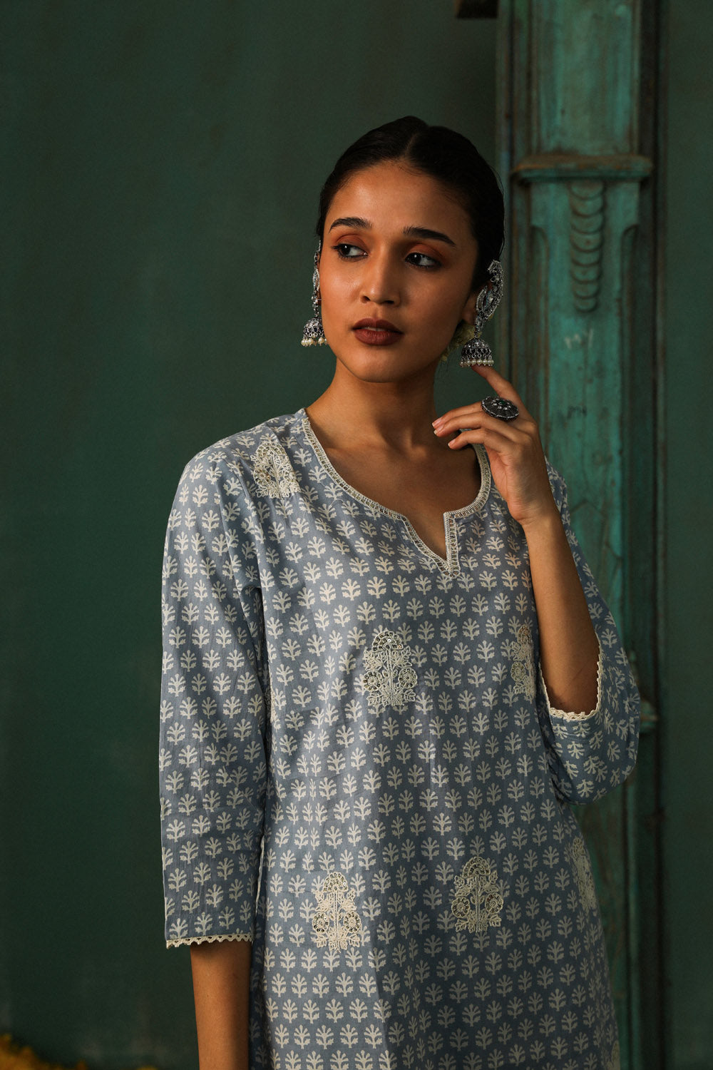 SEA BLUE COTTON STRAIGHT FIT SUIT SET (WITH PANTS AND DUPATTA)