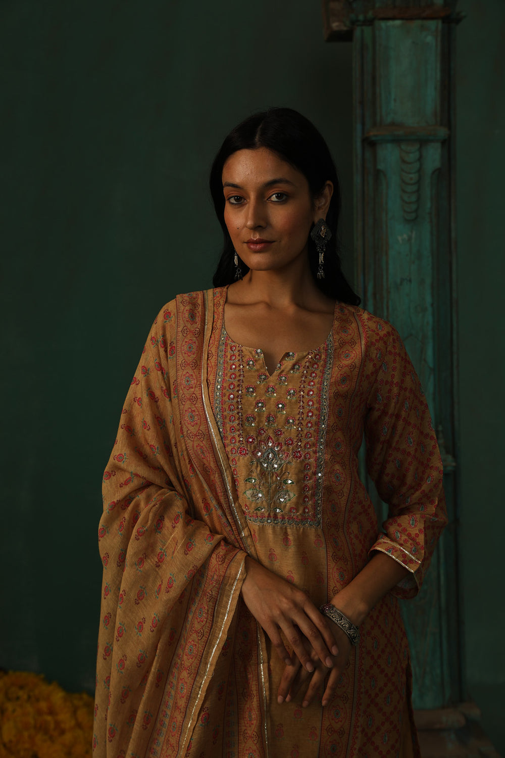 MUSTARD BANDHANI CHANDERI SUIT SET (WITH PANTS AND DUPATTA)