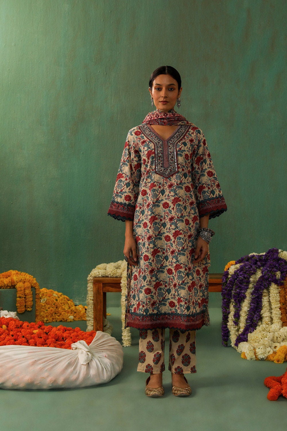 BEIGE FLORAL PRINTED COTTON STRAIGHT SUIT SET (WITH PANTS AND DUPATTA)