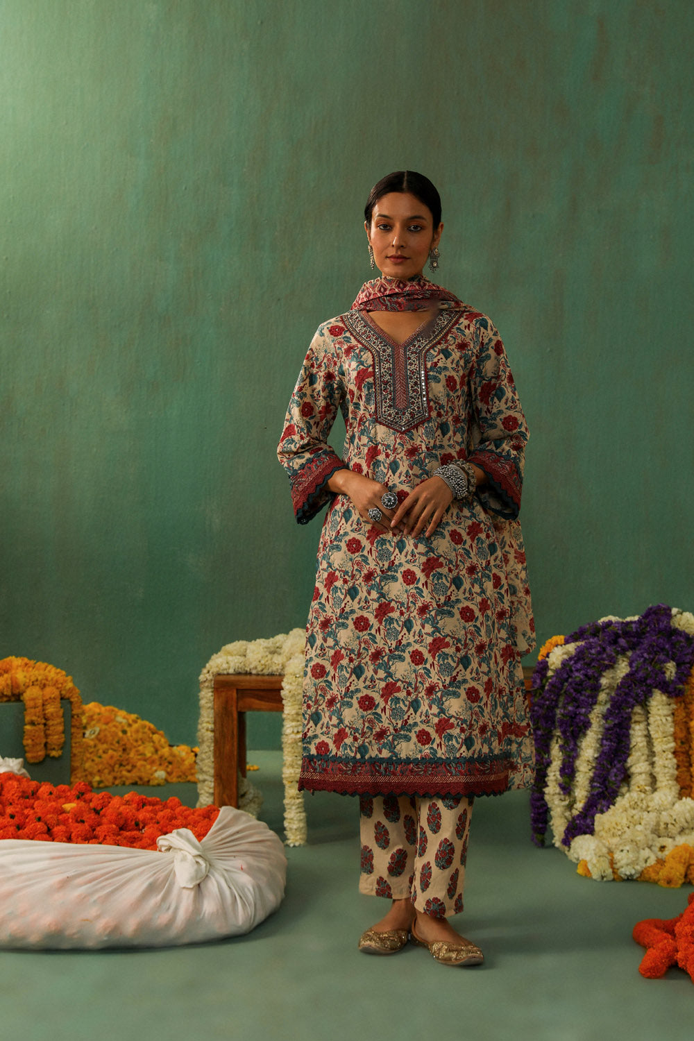 BEIGE FLORAL PRINTED COTTON STRAIGHT SUIT SET (WITH PANTS AND DUPATTA)