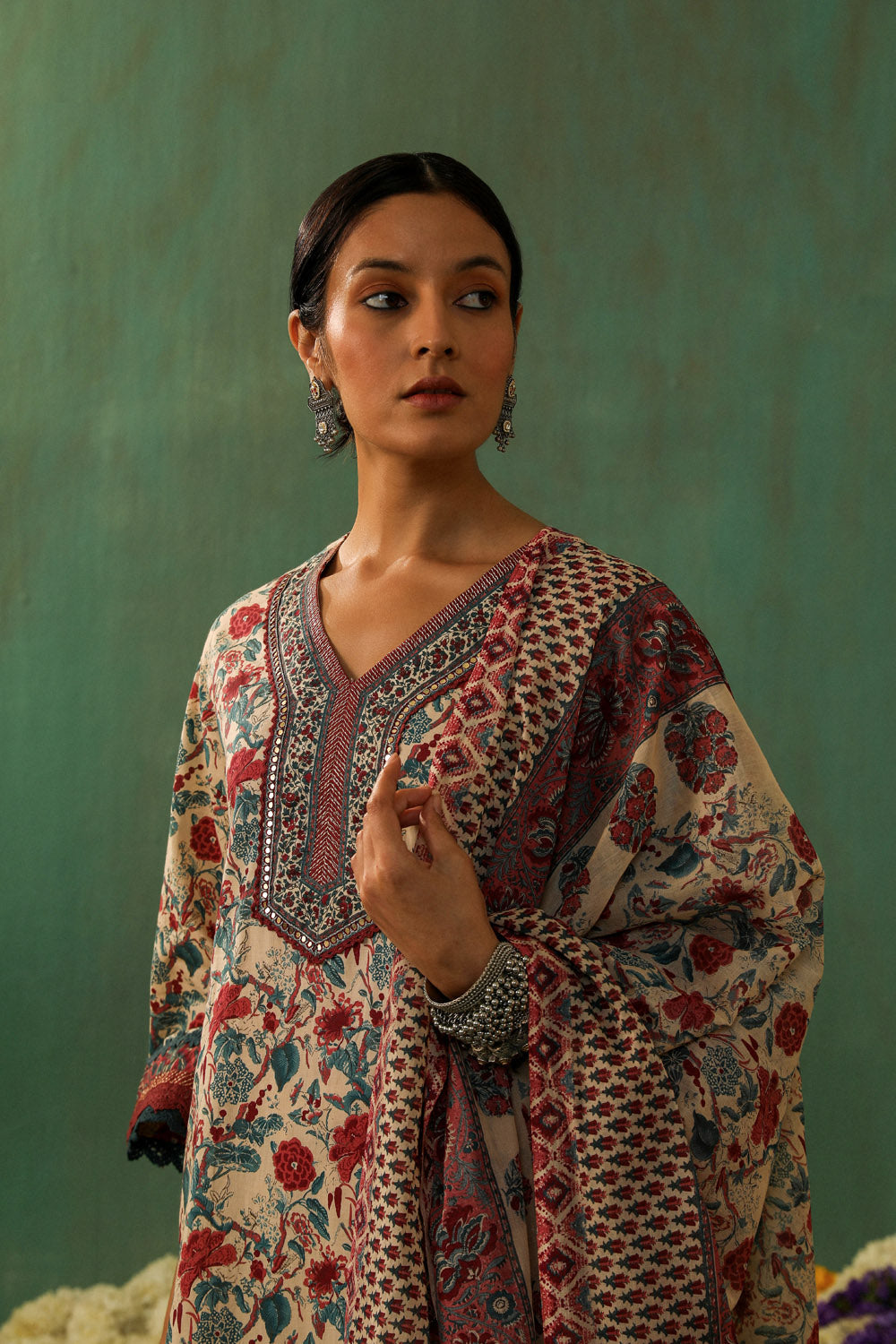 BEIGE FLORAL PRINTED COTTON STRAIGHT SUIT SET (WITH PANTS AND DUPATTA)