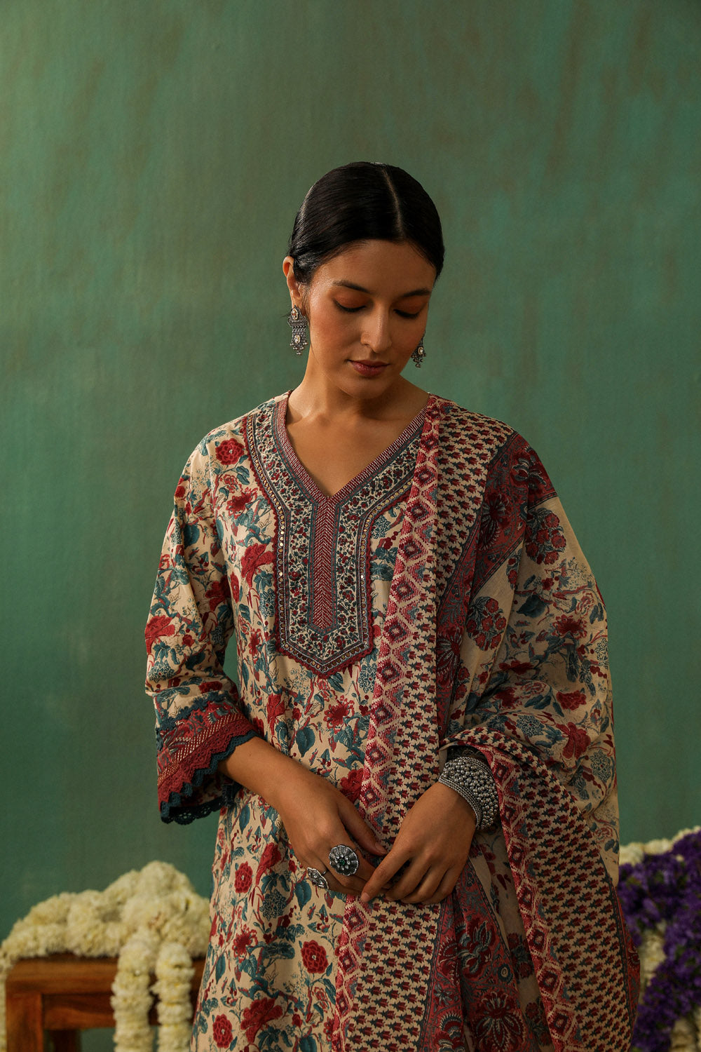 BEIGE FLORAL PRINTED COTTON STRAIGHT SUIT SET (WITH PANTS AND DUPATTA)