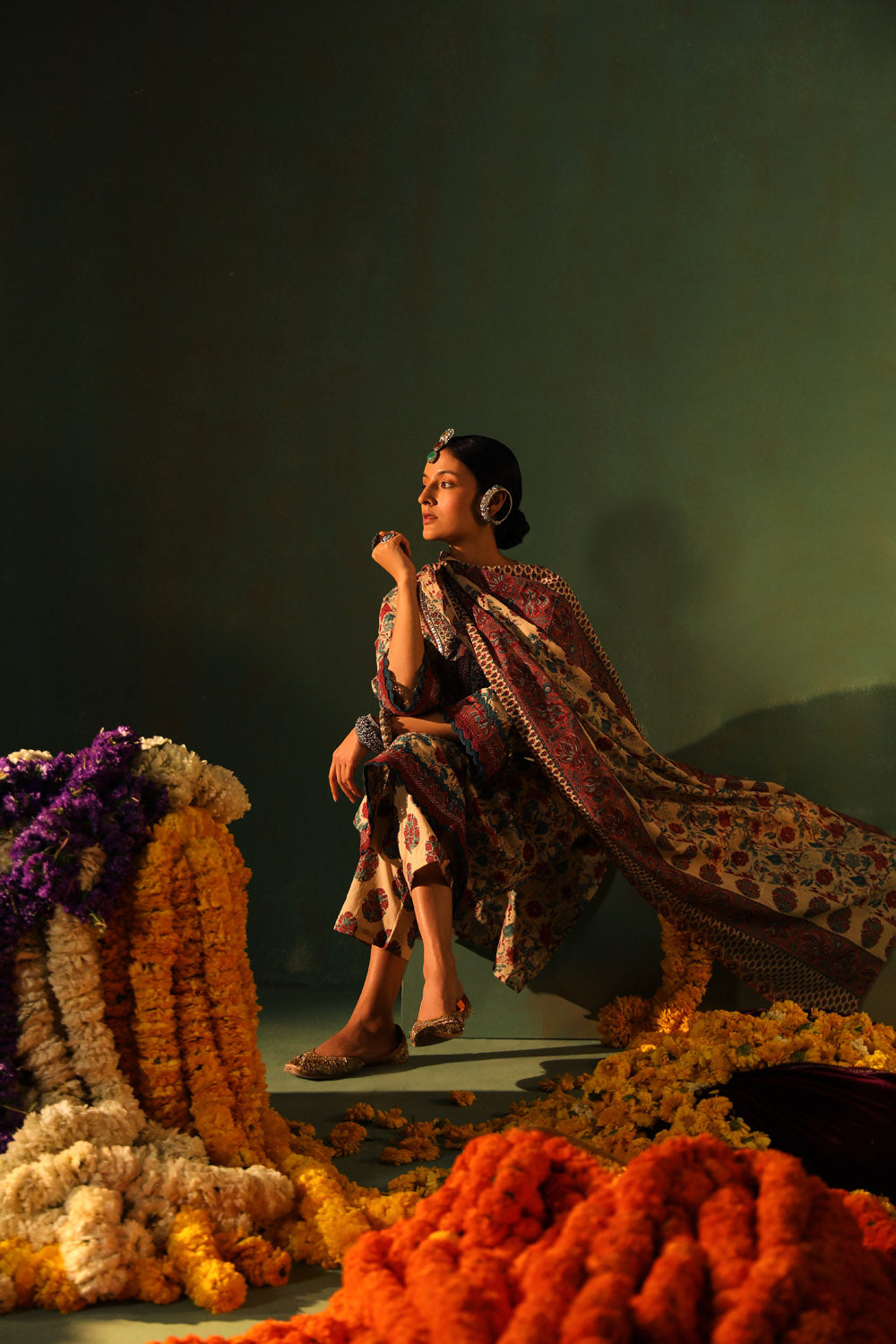 BEIGE FLORAL PRINTED COTTON STRAIGHT SUIT SET (WITH PANTS AND DUPATTA)