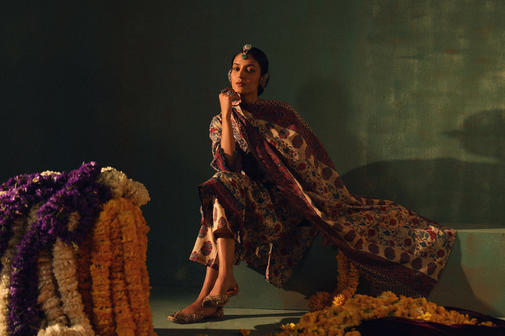 BEIGE FLORAL PRINTED COTTON STRAIGHT SUIT SET (WITH PANTS AND DUPATTA)