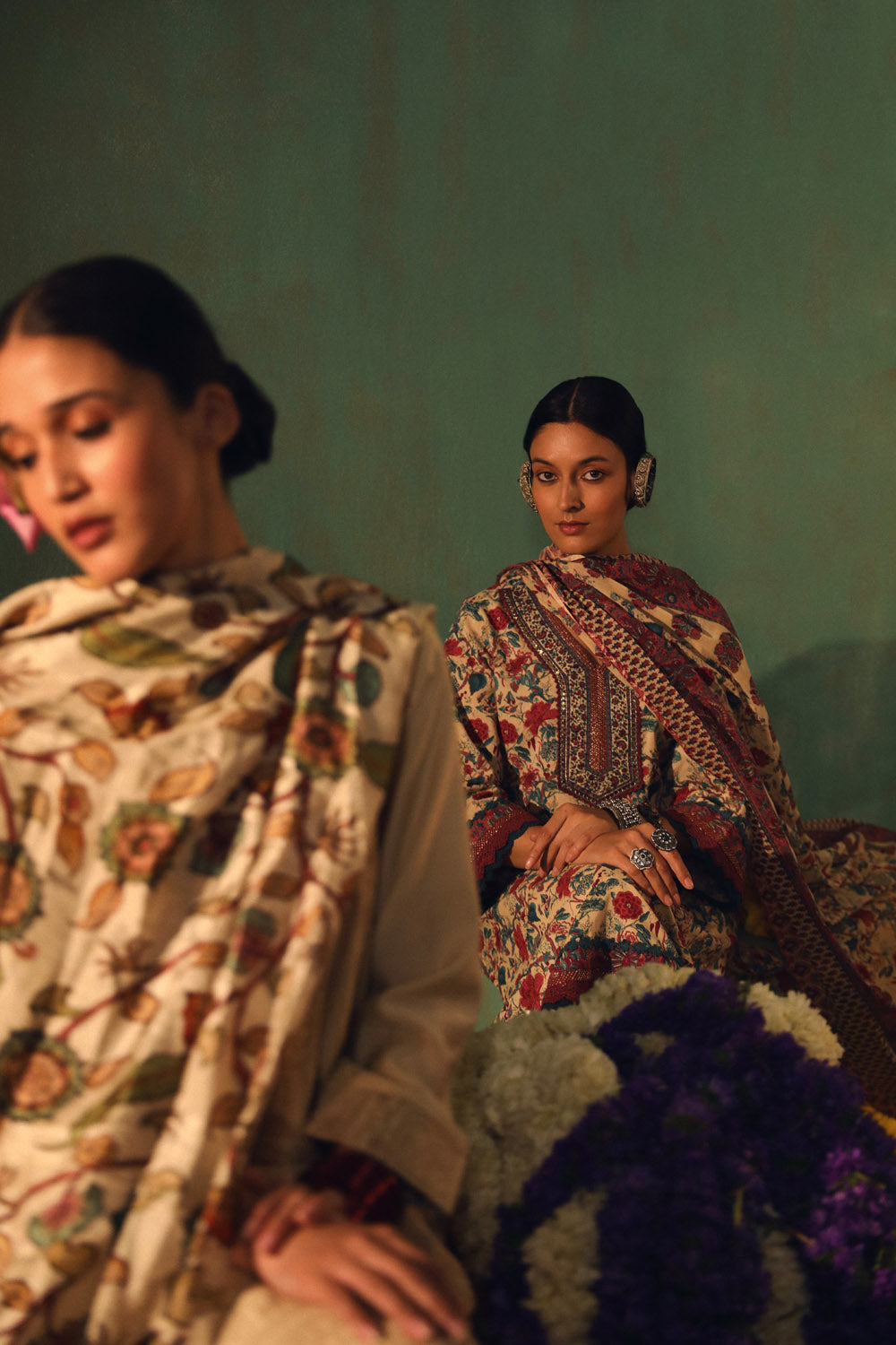 BEIGE FLORAL PRINTED COTTON STRAIGHT SUIT SET (WITH PANTS AND DUPATTA)