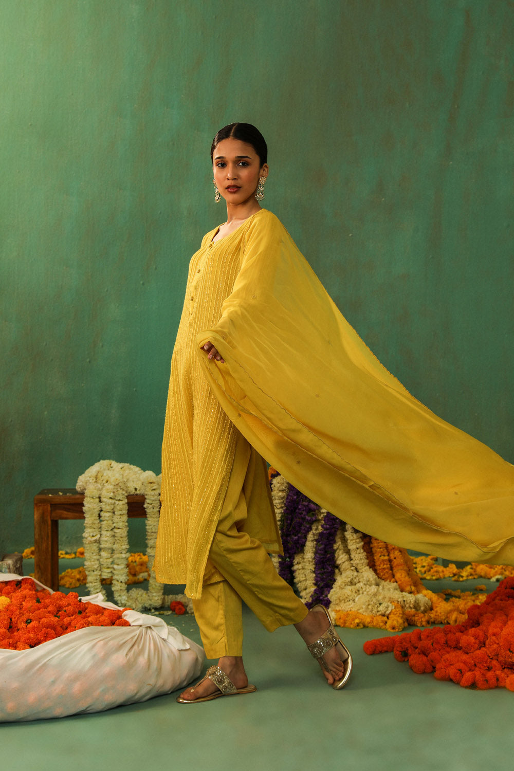 BRIGHT YELLOW EMBROIDERED MUL CHANDERI SUIT SET (WITH PANTS AND DUPATTA)
