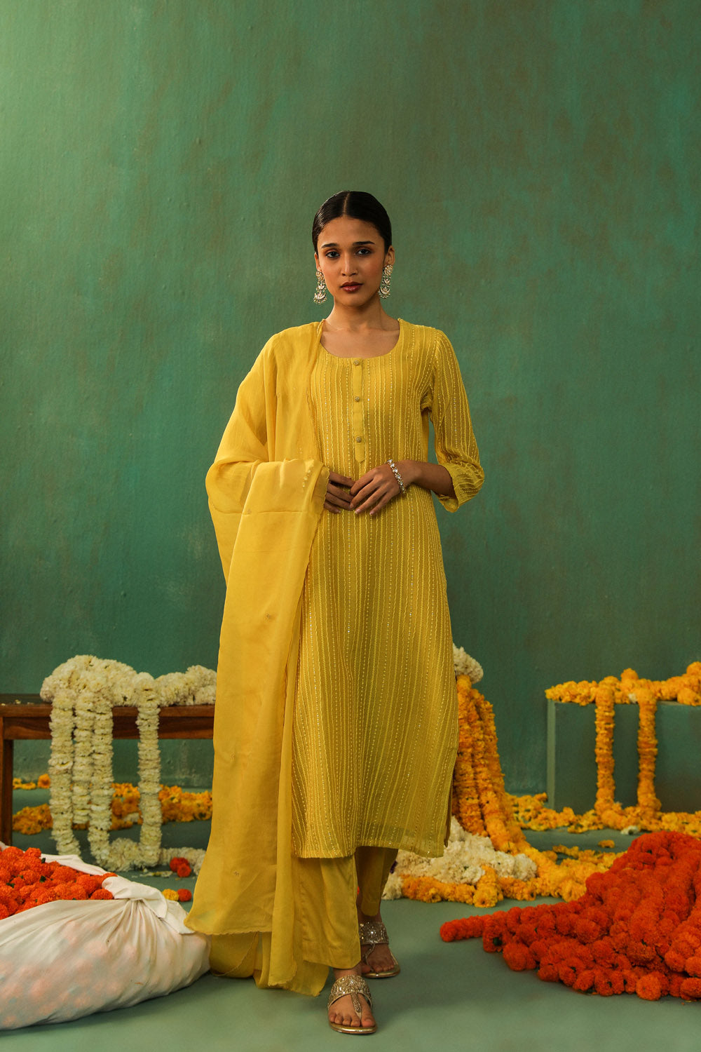 BRIGHT YELLOW EMBROIDERED MUL CHANDERI SUIT SET (WITH PANTS AND DUPATTA)