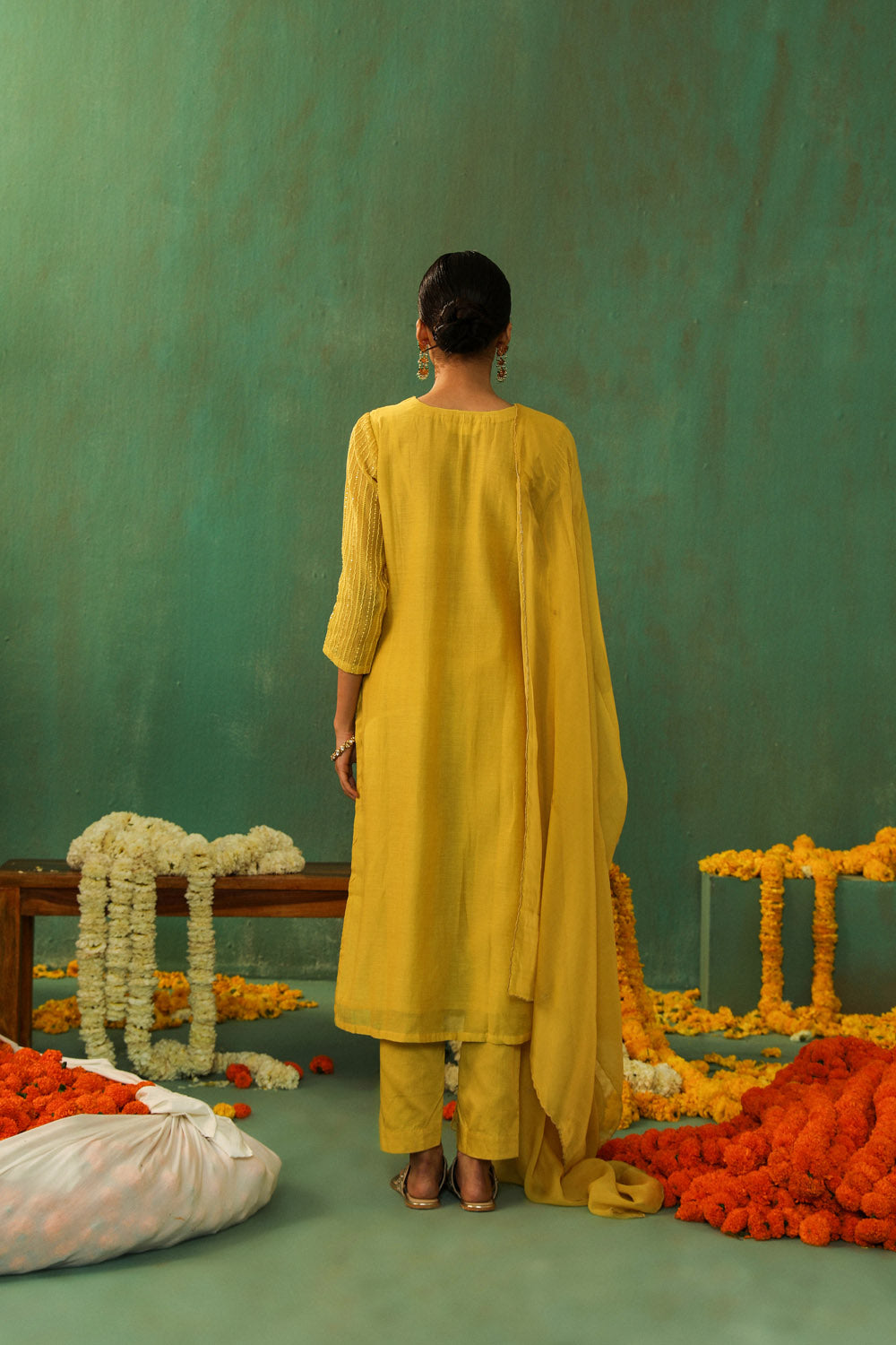 BRIGHT YELLOW EMBROIDERED MUL CHANDERI SUIT SET (WITH PANTS AND DUPATTA)