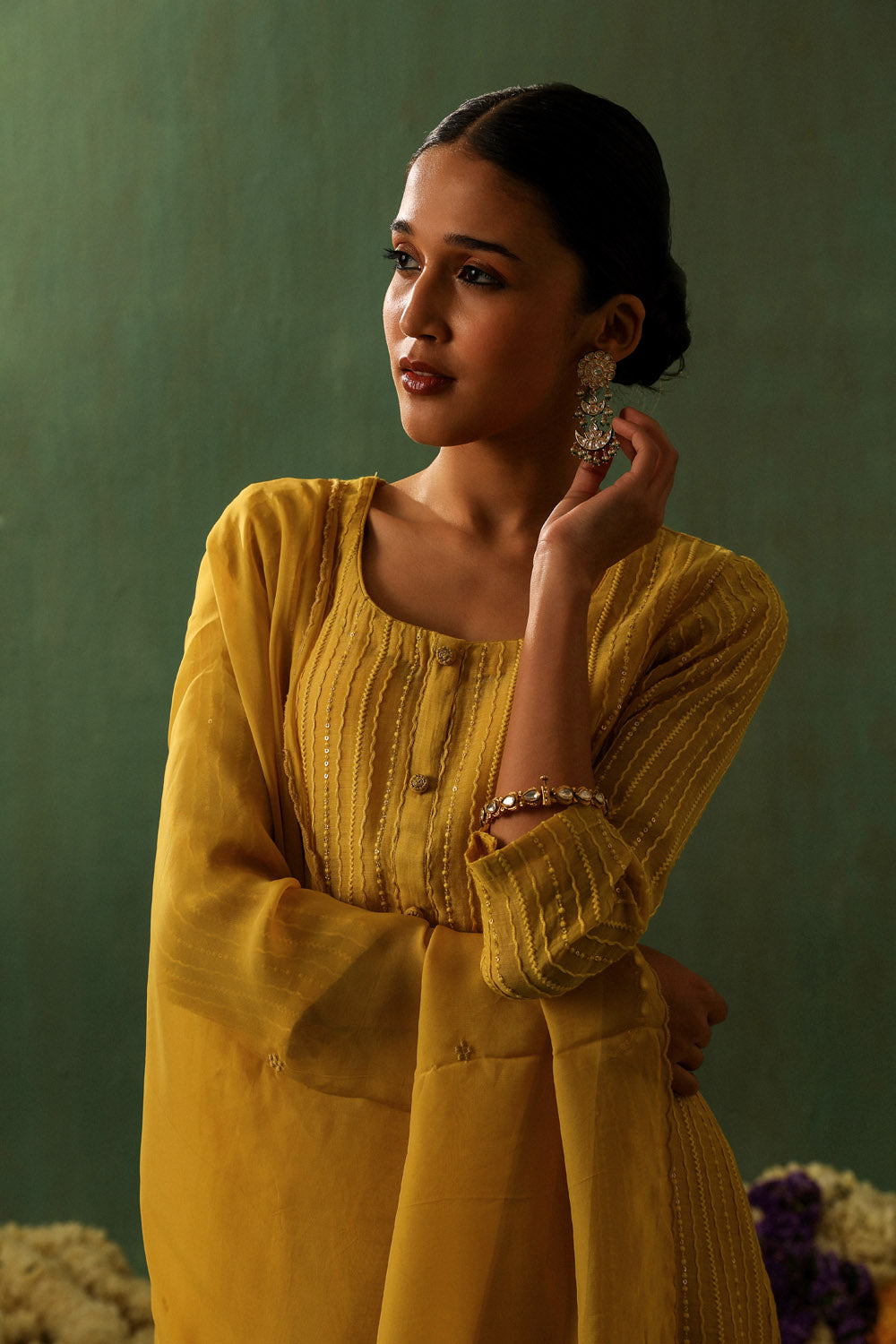 BRIGHT YELLOW EMBROIDERED MUL CHANDERI SUIT SET (WITH PANTS AND DUPATTA)