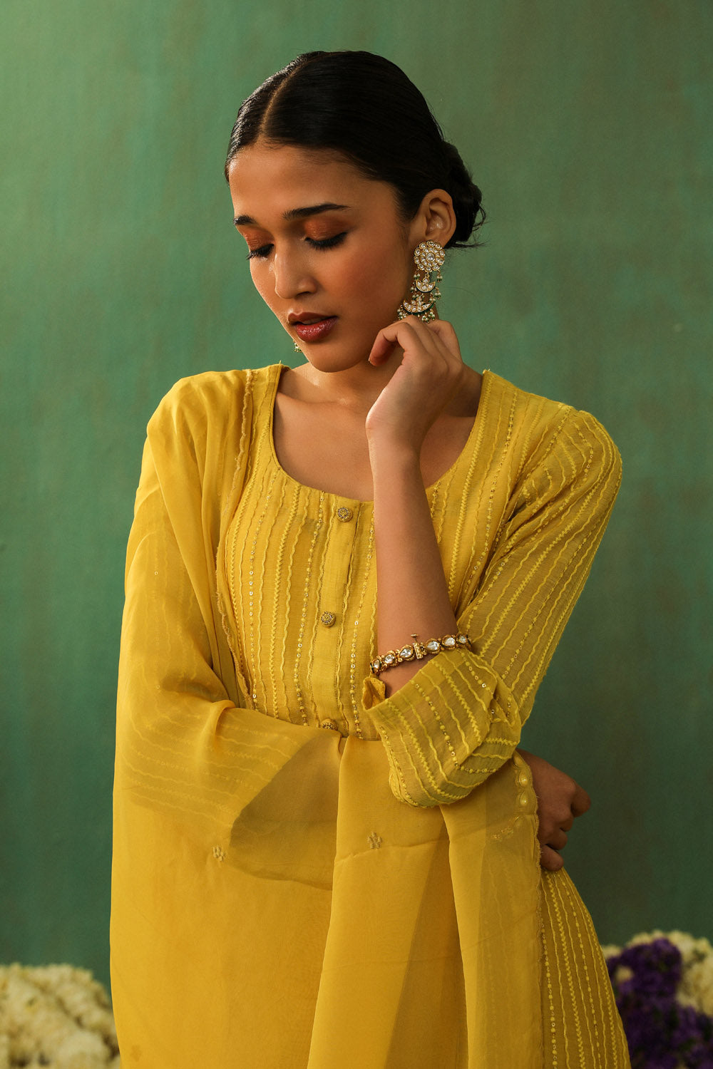 BRIGHT YELLOW EMBROIDERED MUL CHANDERI SUIT SET (WITH PANTS AND DUPATTA)