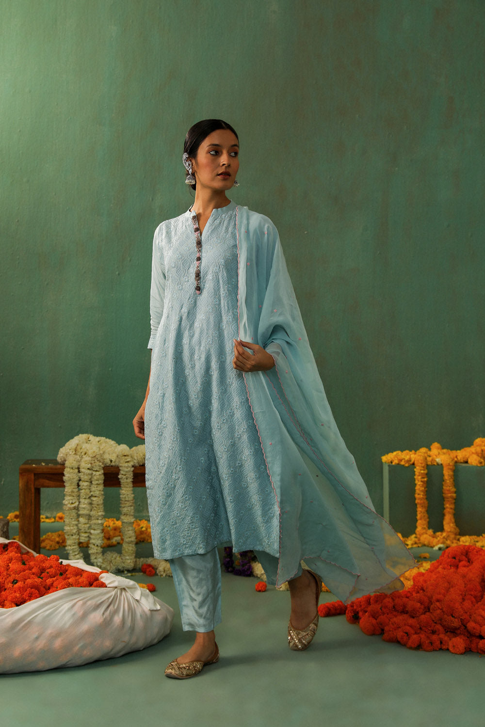 POWDER BLUE COTTON SILK SUIT SET (WITH PANTS AND DUPATTA)