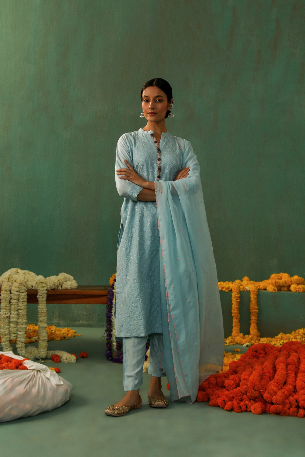 POWDER BLUE COTTON SILK SUIT SET (WITH PANTS AND DUPATTA)