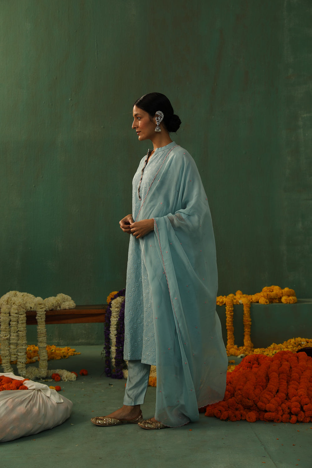 POWDER BLUE COTTON SILK SUIT SET (WITH PANTS AND DUPATTA)