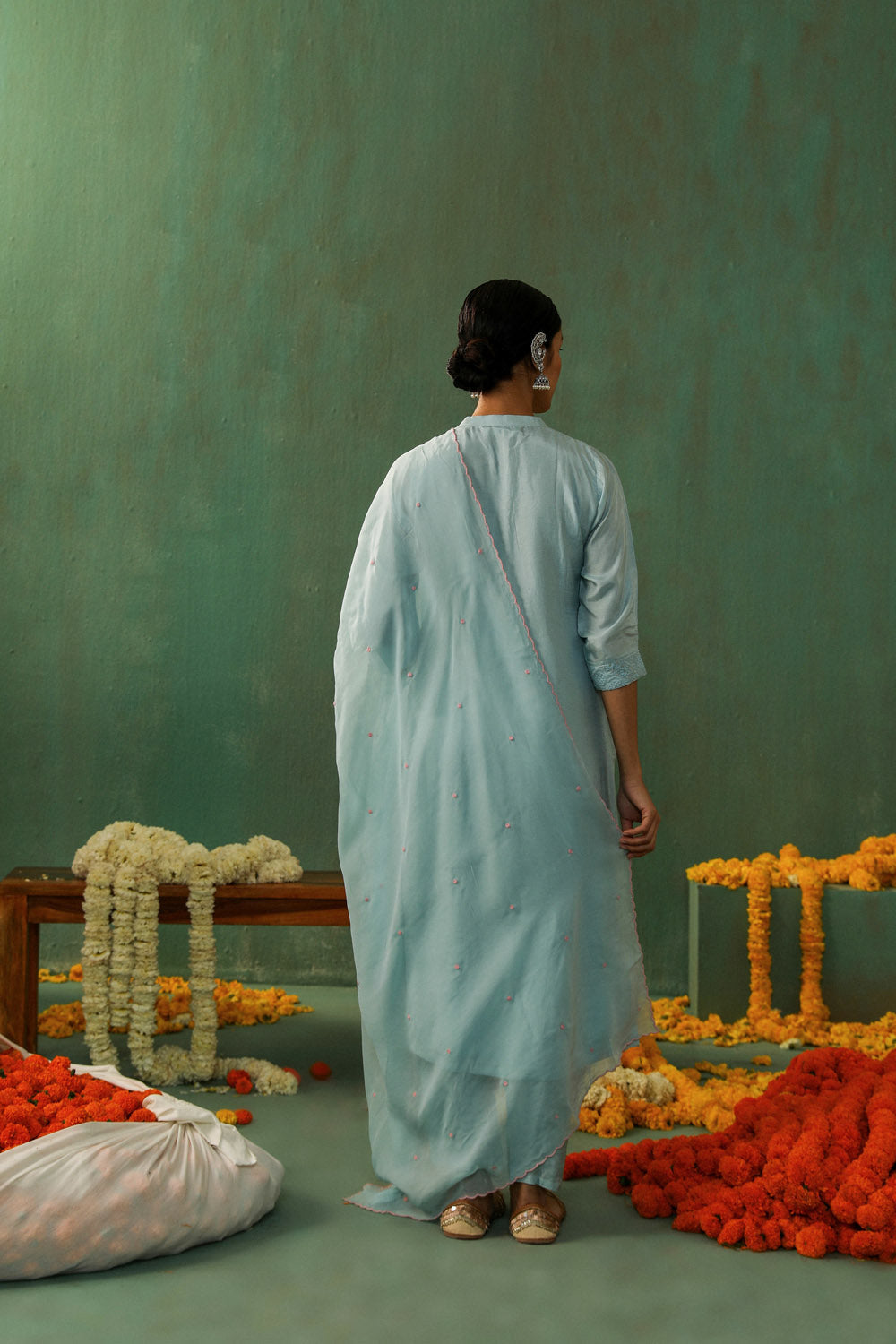 POWDER BLUE COTTON SILK SUIT SET (WITH PANTS AND DUPATTA)