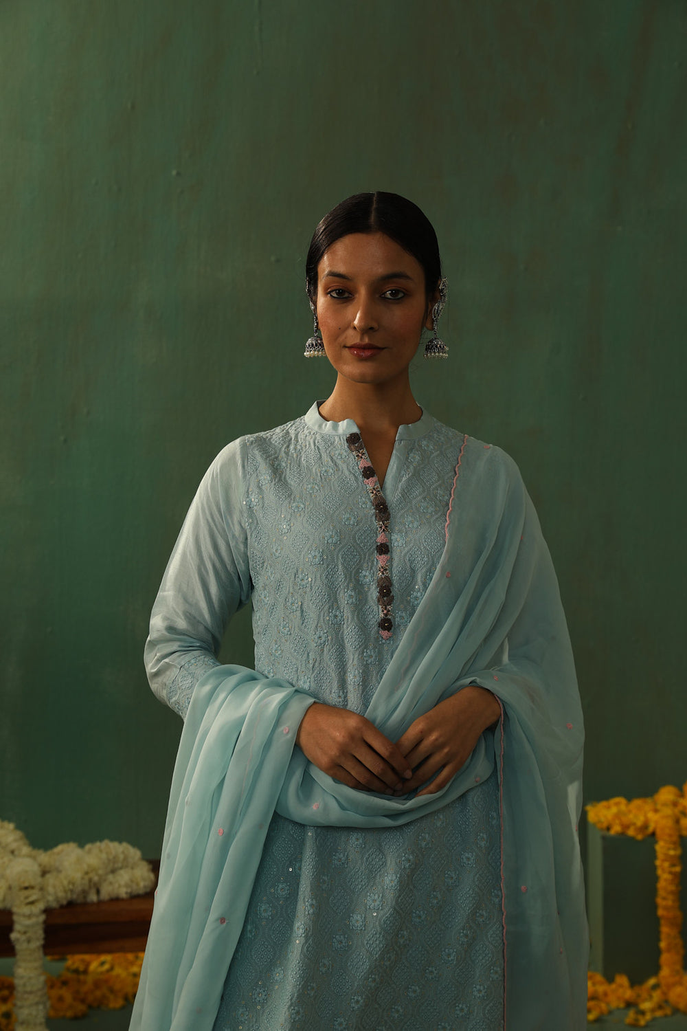 POWDER BLUE COTTON SILK SUIT SET (WITH PANTS AND DUPATTA)