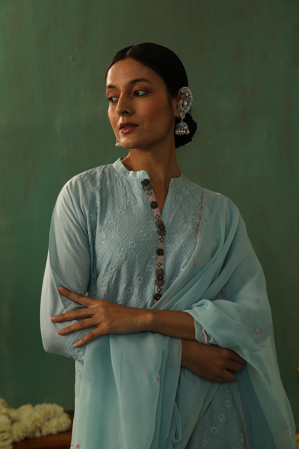 POWDER BLUE COTTON SILK SUIT SET (WITH PANTS AND DUPATTA)