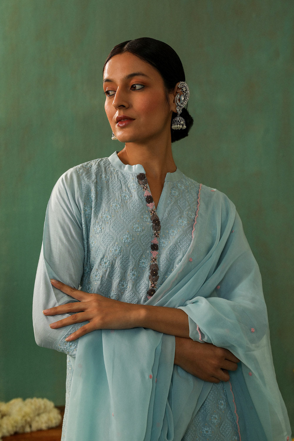 POWDER BLUE COTTON SILK SUIT SET (WITH PANTS AND DUPATTA)