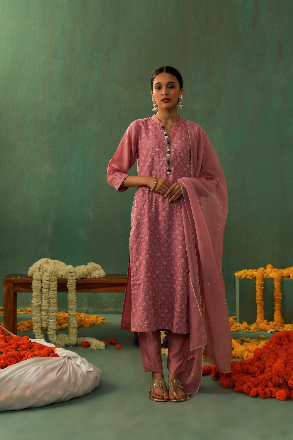 ROSE PINK COTTON SILK SUIT SET (WITH PANTS AND DUPATTA)