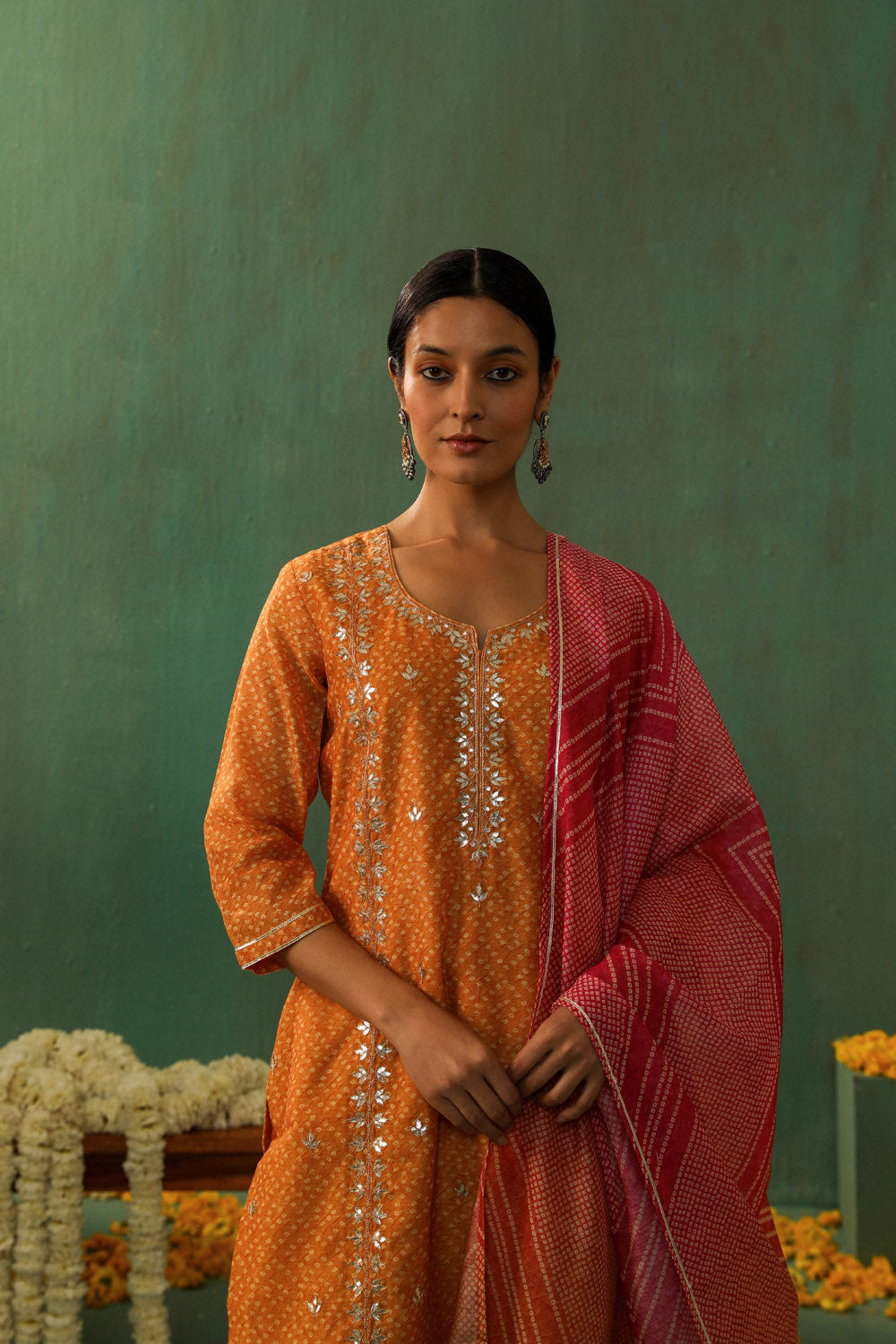 MUSTARD BANDHANI CHANDERI SUIT SET (WITH PANTS AND DUPATTA)