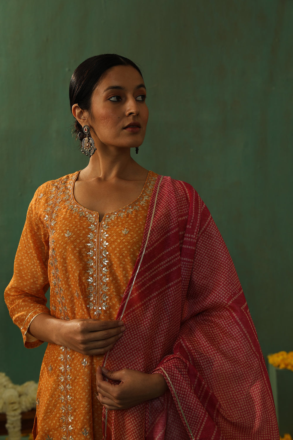 MUSTARD BANDHANI CHANDERI SUIT SET (WITH PANTS AND DUPATTA)