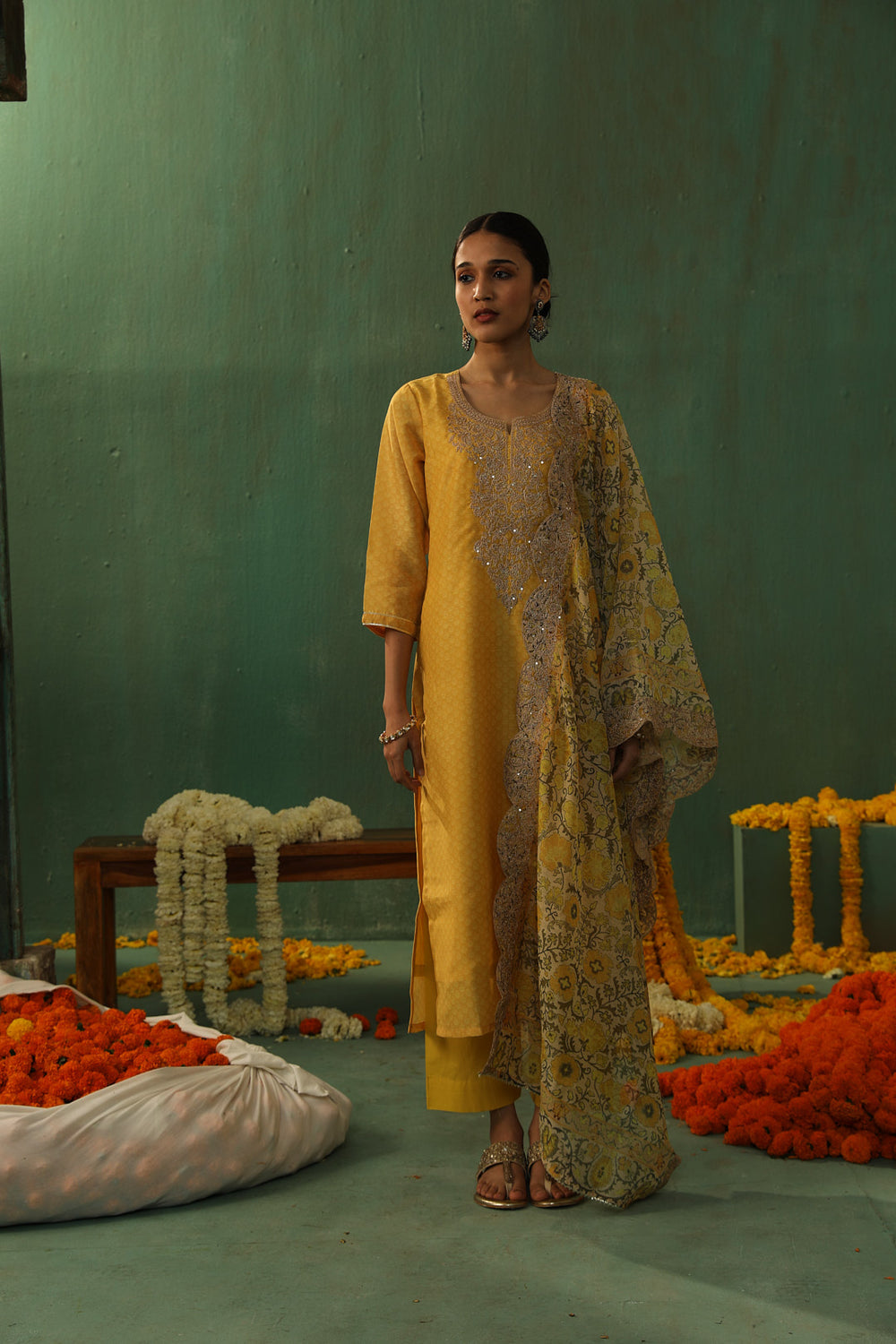 YELLOW STRAIGHT FIT CHANDERI SUIT SET (WITH PANTS AND DUPATTA)