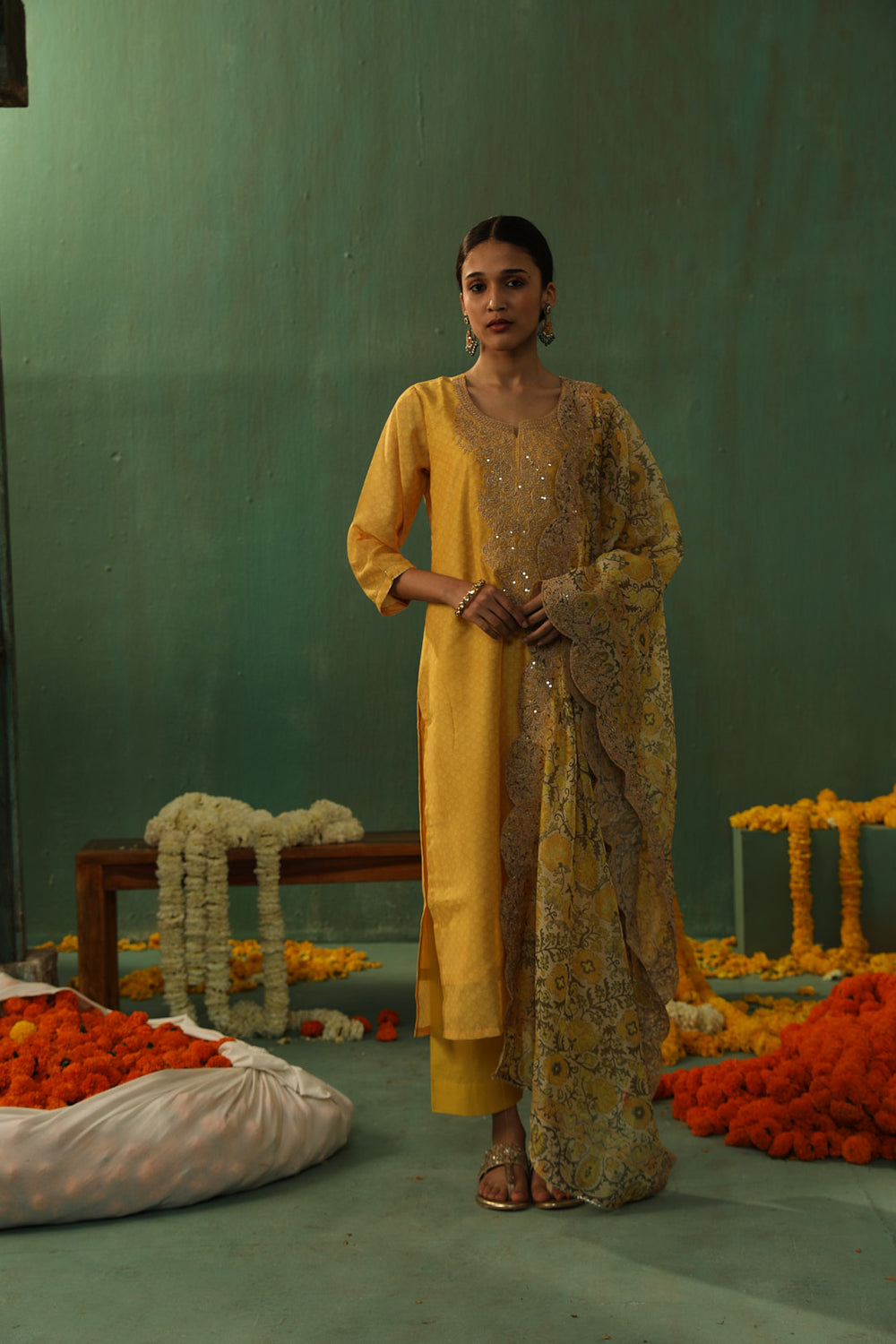 YELLOW STRAIGHT FIT CHANDERI SUIT SET (WITH PANTS AND DUPATTA)