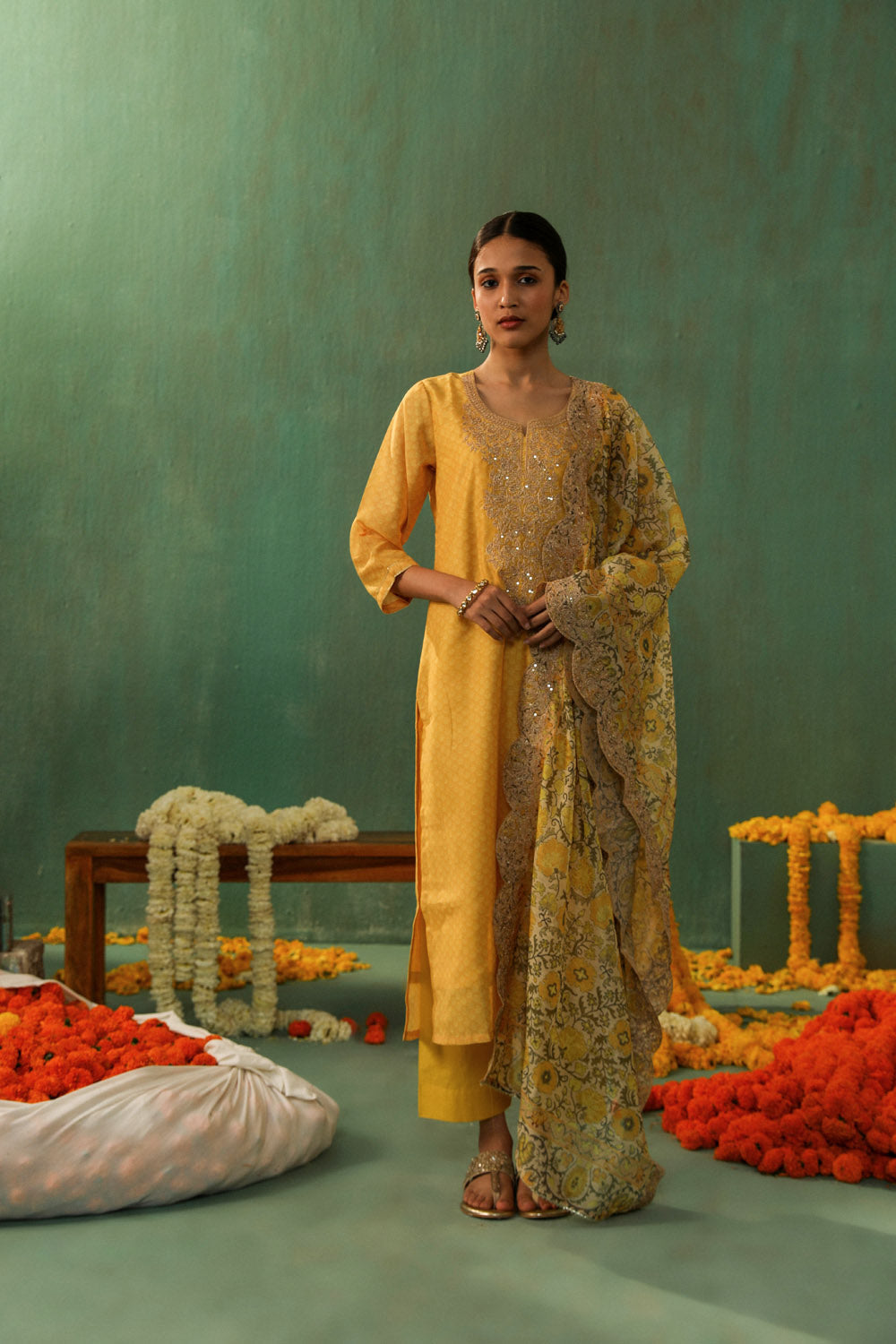 YELLOW STRAIGHT FIT CHANDERI SUIT SET (WITH PANTS AND DUPATTA)